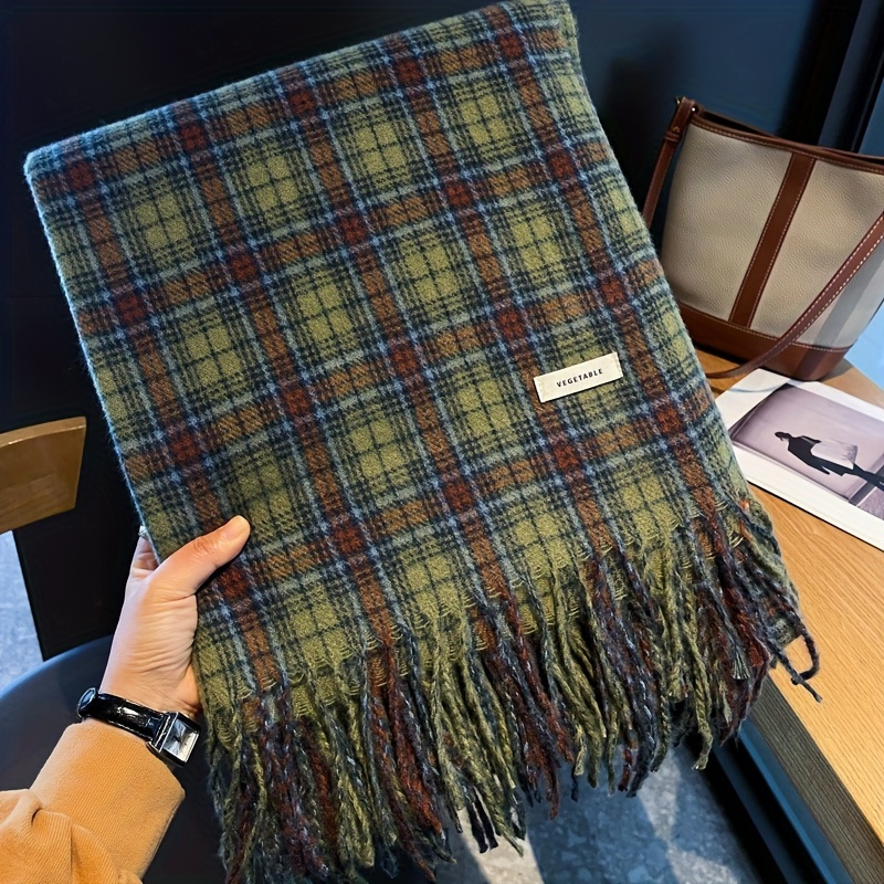 Cashmere Pashmina Wrap - Винтажный зеленый клетчатый шарф с кисточками,