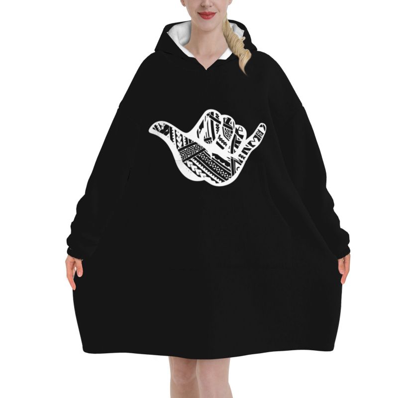 Sherpa Hoodie Fleece - Одеяло с полинезийским татуировкой Шака и