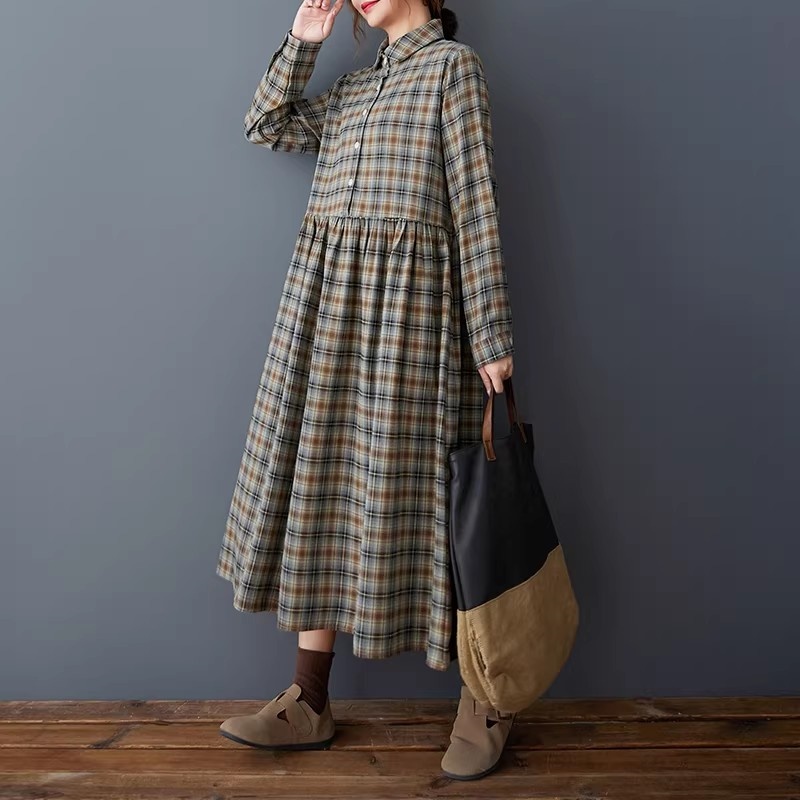 Flannel Shirt Lined - Корейское свободное платье-рубашка в ретро-клетку –