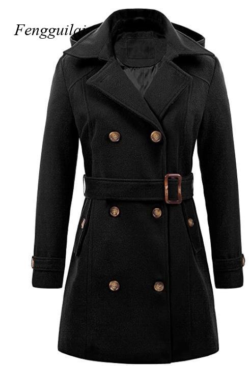 Wool Coat Peacoat - Женское черное двубортное шерстяное пальто-пико с